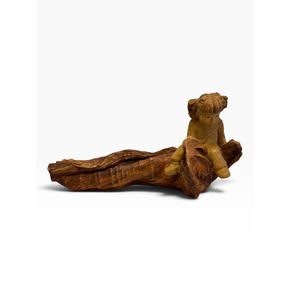 HTF Vintage Lee Bortin Sculpture Girl on Log Rustic Folk Art Signed